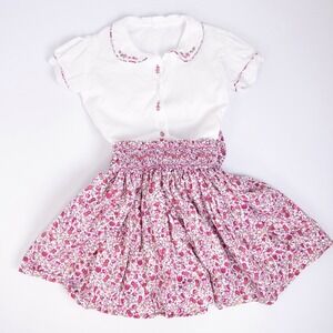 Vintage 90s Creation Imaho Skirt Set Kids 4 White Pink Floral Embroidered 2 Pc